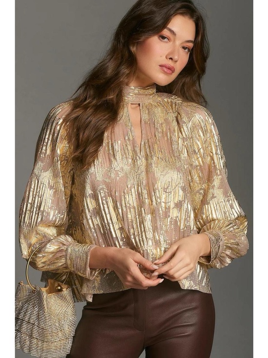 Maeve Tops - Anthropologie Maeve Metallic Plissé Gold Floral Mock Neck Blouse Size L
